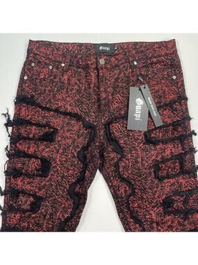 Guapi Stacked Jeans Mens 38 Red Black Print Stretch Tassle Heavy Weight New Tags